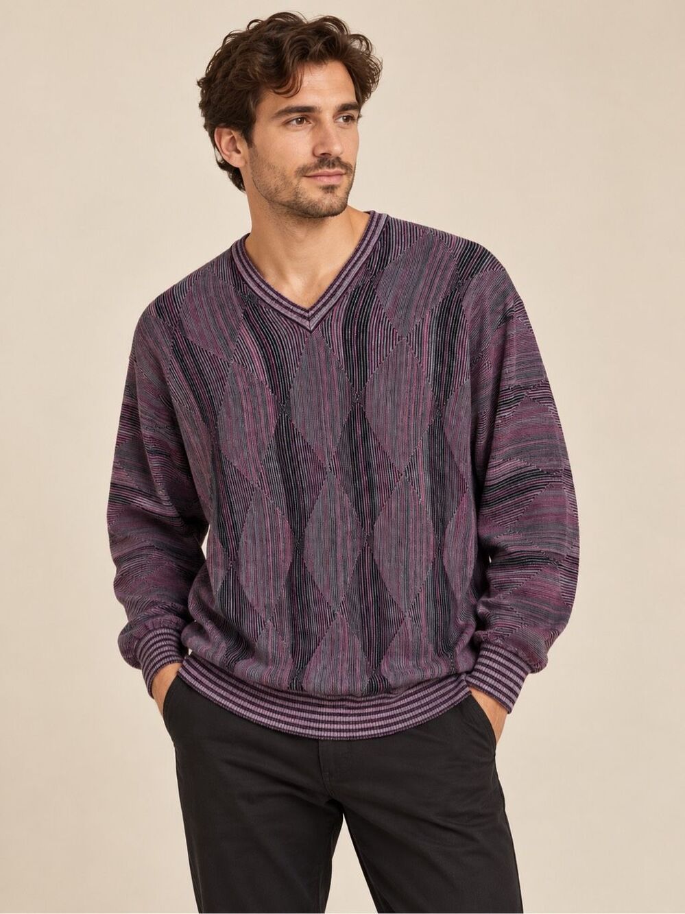 Gionfriddo Made in Italy Men's XL Purple Black Argyle V Neck Knit Sweater